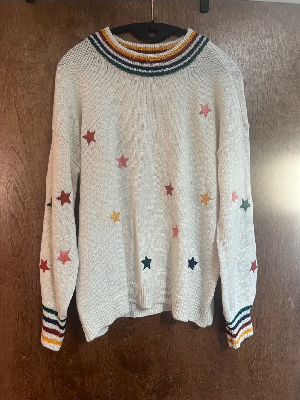 Maurices Cream Crewneck Sweater with Multicolor Star Accents